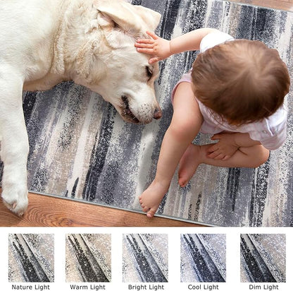Modern Abstract Runner Rug 14' x 2'7'' (Runner), Grey, 0.32 Inch Thick, Non-Slip, Machine Washable, Faux Wool