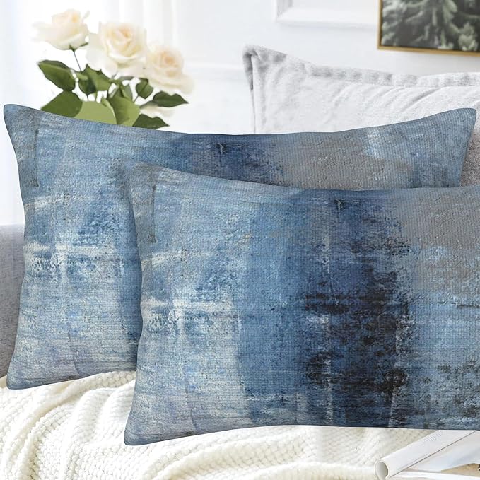 Throw Pillow Cover Case Blue and Grey Abstract Art Pillow Covers 20x12 Inch Set of 2,Soft Decorative Throw Pillow Case for Living Room Bedroom Sofa Couch Cushion Covers