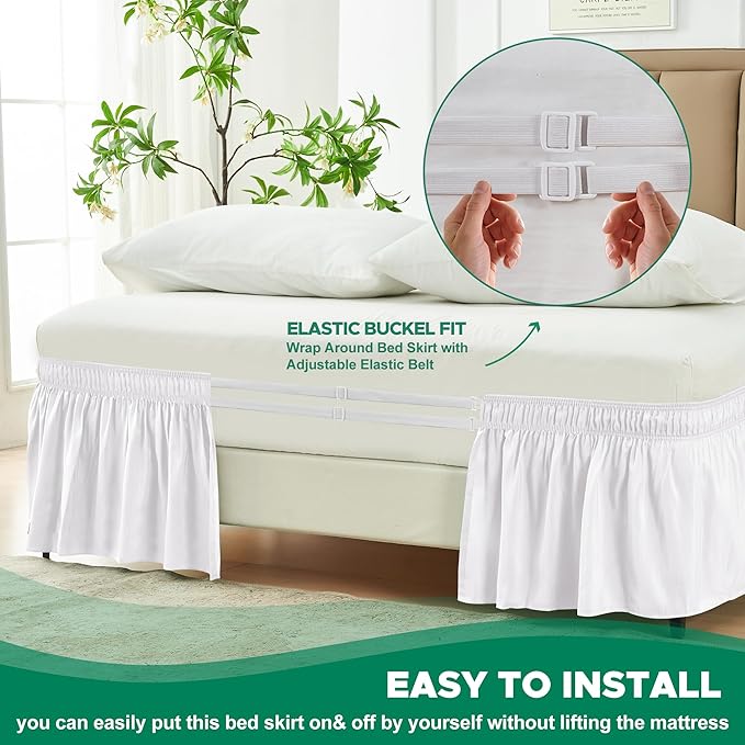 Biscaynebay Wrap Around Bed Skirts for Queen Beds 22" Long Drop, White Adjustable Elastic Dust Ruffles Easy Fit Wrinkle Resistant Silky Luxurious Fabric Machine Washable