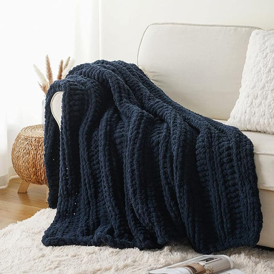 Battilo Navy Chunky Knit Throw Blanket for Couch, Navy Blue Chenille Throw Blanket Super Soft Cozy Thick Warm Cable Knitted Blanket for Bed, Sofa, Living Room, 50"x60"