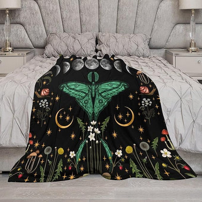 Moon Phase Moth Blanket, Vintage Botanical Mushroom Wildflower Gothic Night Moonlit Mysterious Witchy Throws Blanket for Sofa Bed Couch Chair, 60"x80"