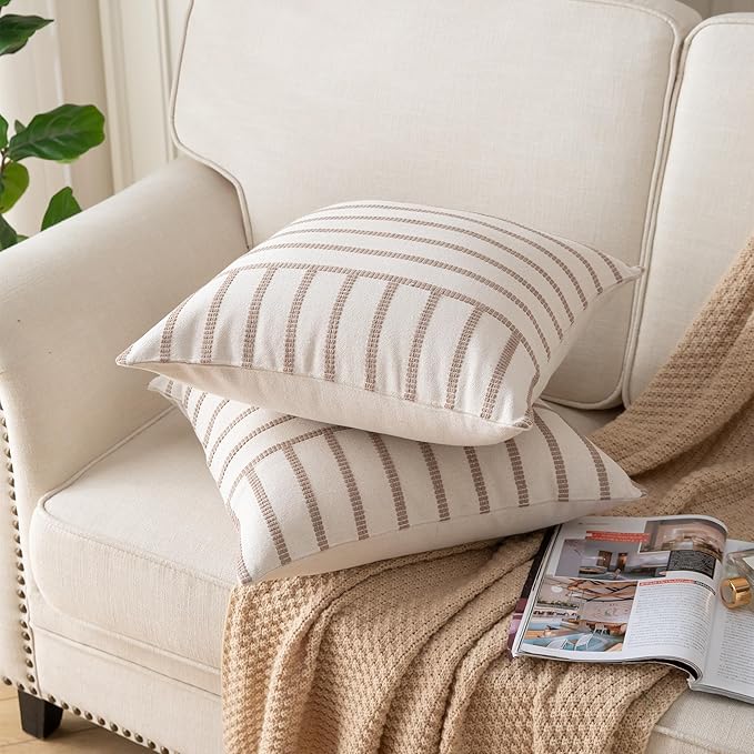 Caflife Boho Throw Pillow Covers 18x18 Set of 2 Soft Farmhouse Decorative Couch Pillow Cases Beige Striped Pillow Covers Neutral Cushion Covers for Sofa Bed Living Room Home Decor