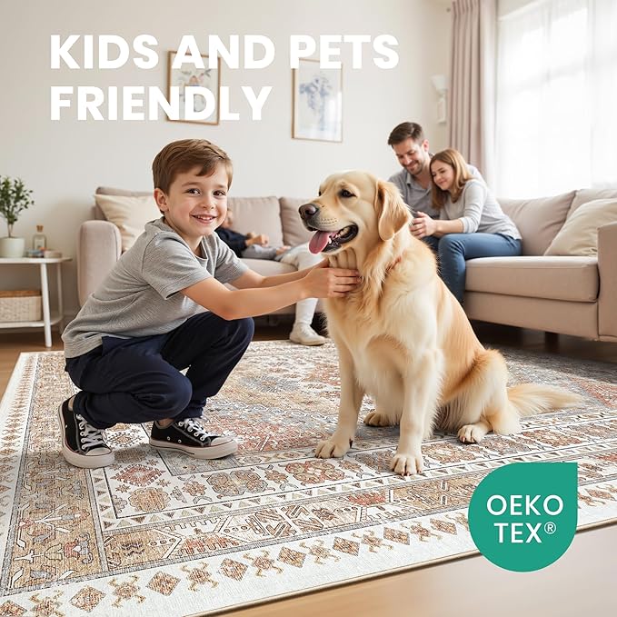 zesthome 8ft Round Rugs for Living Room, Non-Slip Washable Round Area Rugs, Ultra-Thin Large Circle Rugs, Soft Low Pile Rug for Bedroom, Kitchen - Vintage Stain Resistant Round Rug (Orange,8'x8')