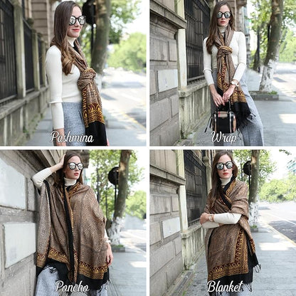 DANA XU 100% Merino Wool Pashmina Shawl for Women 96"x43", Oversized Cashmere Wrap with Tassels, Floral Travel Blanket Cape