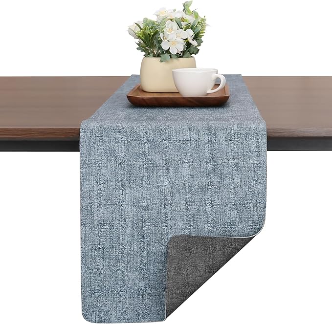 Table Runners 72 Inches Long, Dual-Sided Faux Leather Farmhouse Table Runner Waterproof Heatproof Non-Slip for Living Room Party Home Decor Holiday Decorations(Gray Light Blue, 15 x 72 Inch)