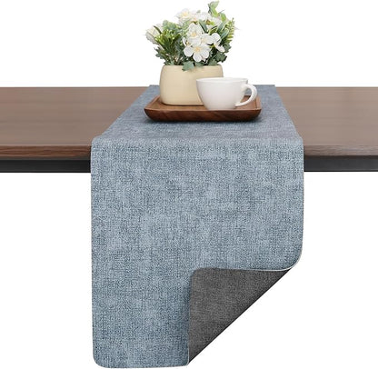 Table Runners 94 Inches Long, Dual-Sided Faux Leather Farmhouse Table Runner Waterproof Heatproof Non-Slip for Living Room Party Home Decor Holiday Decorations(Gray Light Blue, 12 x 94 Inch)