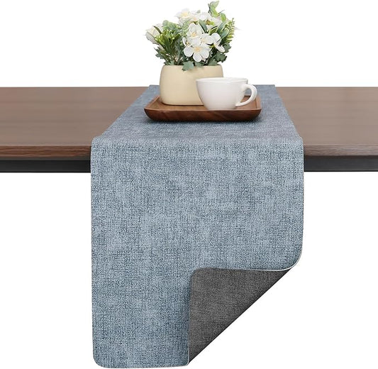 Table Runners 94 Inches Long, Dual-Sided Faux Leather Farmhouse Table Runner Waterproof Heatproof Non-Slip for Living Room Party Home Decor Holiday Decorations(Gray Light Blue, 12 x 94 Inch)