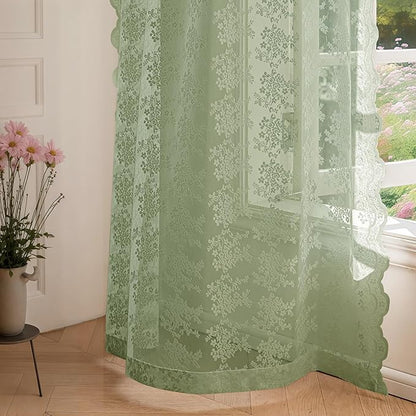 Anmao Vintage Sage Green Lace Curtains 45 Inches Long 2 Panels Sets, Romantic Light Filtering Semi Sheer Floral Thick Lacy Curtain Drapes for Living Room and Bedroom, Each Panel 55W x 45L, Sage Green