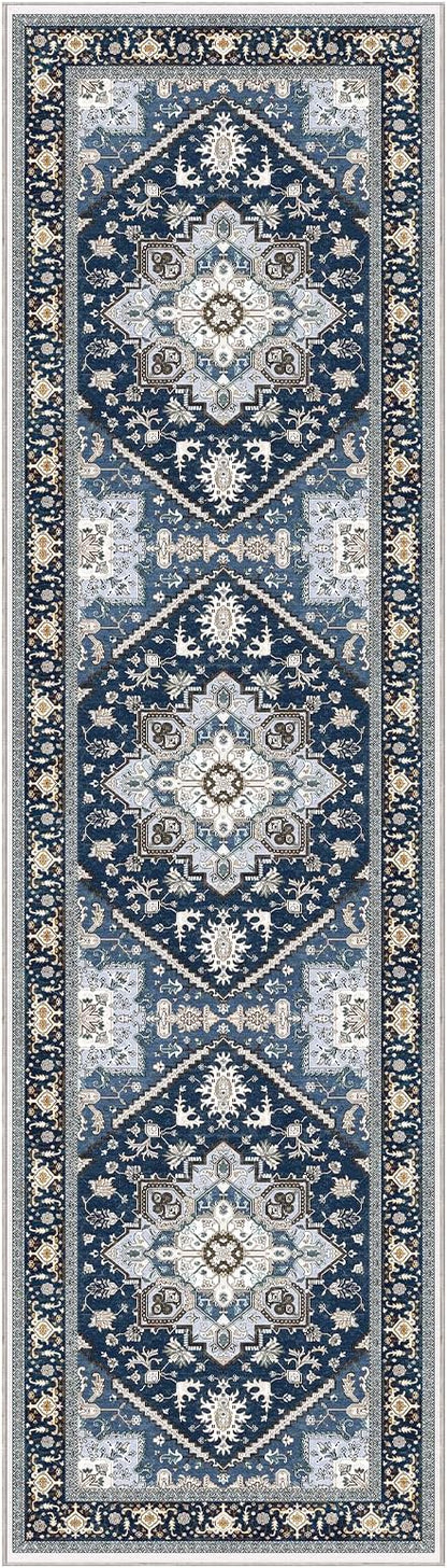 OPPODREAM Thin Entryway Rug 2x8, 2x8 Rug Runner, Washable Hallways Carpet 2 x 8 with Non Slip Backing, Low-Pile Bedside Carpet 2 x 8, Long, Faux Cashmere, Navy Blue & Gold