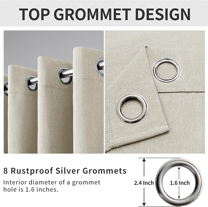 Easy-Going Linen Look Blackout Curtain 63 Inch Length Grommet Window Curtain Drapes for Bedroom, Living Room Thermal Insulated Room Darkening (Set of 2 Panels, Natural)
