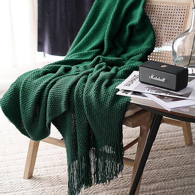 LOMAO Knitted Throw Blanket with Tassels Bubble Textured Lightweight Throws for Couch Cover Home Decor (Green, 50x60)