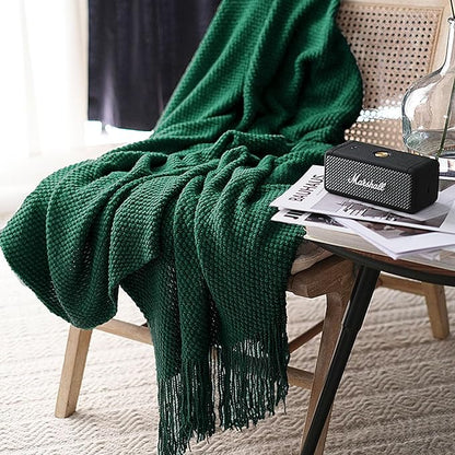 LOMAO Knitted Throw Blanket with Tassels Bubble Textured Lightweight Throws for Couch Cover Home Decor (Green, 50x60)