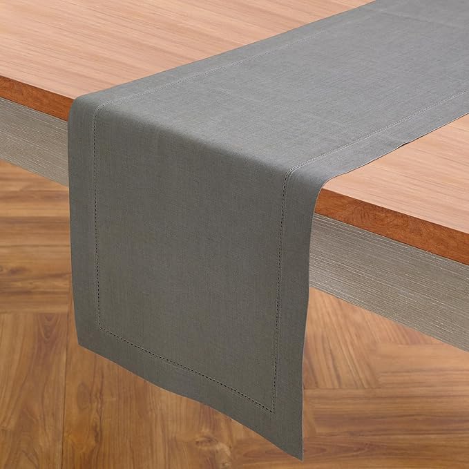Solino Home Linen Steel Gray Table Runner 90 Inches Long - 100% Pure Linen Hemstitch 14 x 90 Inch Table Runner for Dining - Classic Hemstitch