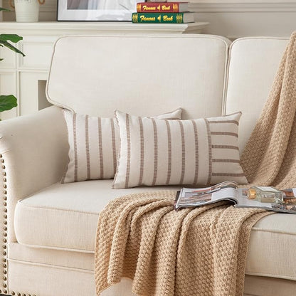 Caflife Boho Throw Pillow Covers 12x20 Set of 2 Soft Farmhouse Decorative Couch Pillow Cases Beige Striped Pillow Covers Neutral Cushion Covers for Sofa Bed Living Room Home Decor