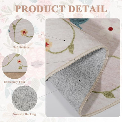 DUKINO 2x4 Rug for Entryway, Washable Kitchen Floral Runner Rug with Non Slip Backing, Low Pile Soft Boho Carpet for Kitchen, Hallway, Entryway, Laundry, Bedroom, Beige