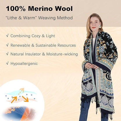 DANA XU 100% Merino Wool Pashmina Shawl for Women 96"x43", Oversized Cashmere Wrap with Tassels, Floral Travel Blanket Cape
