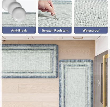 KIMODE Anti Fatigue Kitchen Mat 2PCS,Non-Skid Waterproof Kitchen Rugs,Farmhouse Kitchen Mat for Floor,Cushioned Comfort Foam Standing Mat for Laundry,Office,Sink,Desk,Blue and Gray