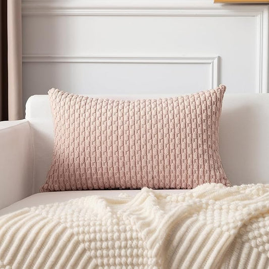 Kevin Textile Valentines Day 12x24 Inch Pillow Cover 1 Pack Boho Decorative Soft Striped Corduroy Lumbar Farmhouse Accent Rectangle Cushion Case for Living Room Couch Sofa Bed, Light Pink