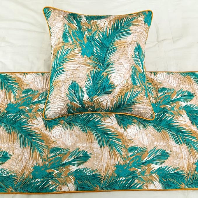 The HomeCentric King/Queen/Twin Green Decorative Queen 74"x18" Bed Runner with 2 Pillow Cover, Plam Leaves & Quilted Bed Scarf on Satin Fabric - Palms