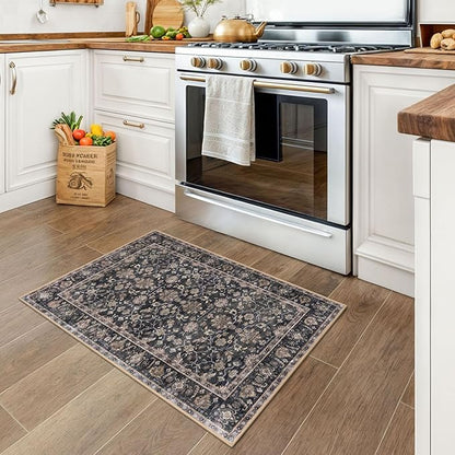 KUTA Vintage Floral Entryway Rug 2x3, Kitchen Rugs Non-Slip Washable Throw Rug, Brown Ultra Thin Soft Print Front Door Mat Indoor Doormat for Entrance, Bedside, or Small Spaces