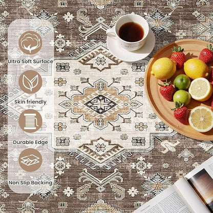 Vintage Living Room Area Rug 3x5 - Large Soft Washable Oriental Traditional Distressed Farmhouse Rugs for Bedroom - Indoor Floor Accent Carpet for Home Office House Decor - Dark Brown