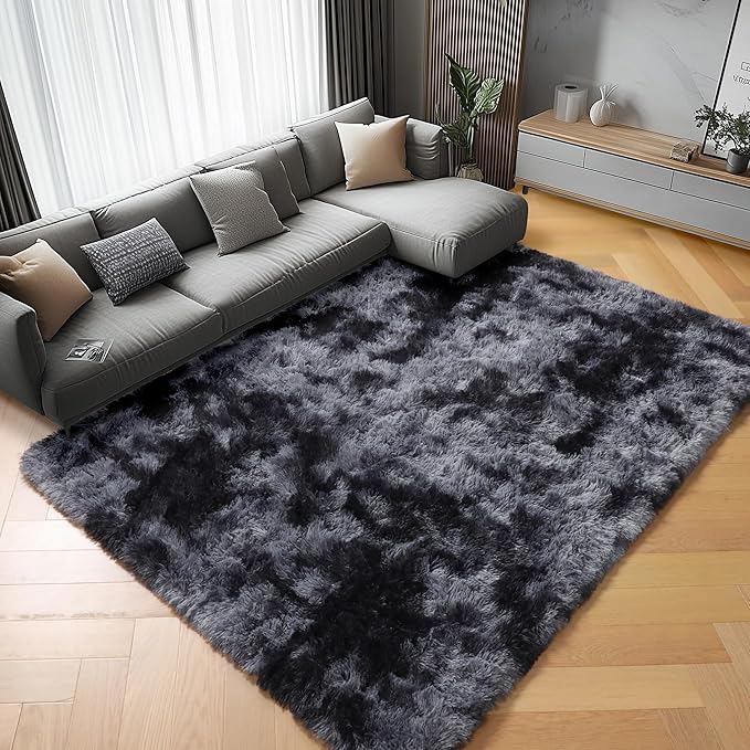 ONASAR Rugs for Living Room Bedroom, 5x8 Washable Fluffy Tie-Dyed Dark Grey Bedside Area Rug, Soft Plush Shaggy Floor Carpet for Nursery Kids Girls Boys Teen Dorm Home Office Decor Aesthetic