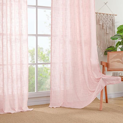 LAMIT 95 Inches Long Pink Linen Curtains for Living Room, Back Tab and Rod Pocket Semi Sheer Curtains Light Filtering Farmhouse Drapes for Bedroom/Dining Room, Set of 2, 52 x 95 Inch
