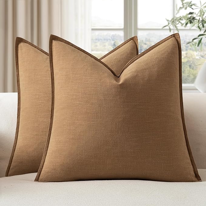 EMEMA Decorative Linen Throw Pillow Covers 20x20 Inch Brown Boho Farmhouse Neutral Couch Throw Pillows for Bed Pack of 2 Accent Pillowcase Modern Sofa Cushion Livingroom Home