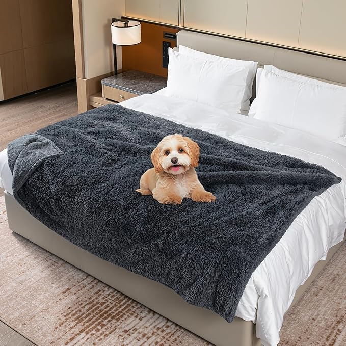 Waterproof Pets Blankets for Dogs Calming Cat Blanket for Bed Couch Sofa Cover Protector Washable Long Faux Fur Pet Throw Blanket for Puppy Reversible Furniture Protection Mats (Gray,M-57x40in)