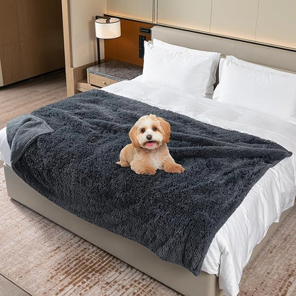 Calming Cat Blanket for Bed Couch Sofa Cover Grey Waterproof Dog Blankets for Large Dogs Washable Long Faux Fur Pet Throw Blanket for Puppy Reversible Furniture Protector, (Gray XL-85x57in)