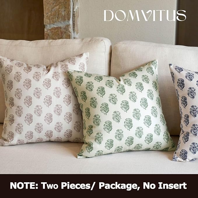 DOMVITUS Set of 2 Floral Pillow Covers 20x20, Block Print Pillow Covers Vintage Neutral Decorative Farmhouse Throw Pillow Covers for Couch Bed Living Room Sage Green
