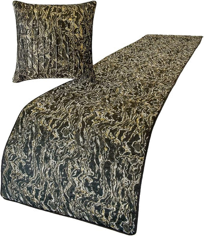 The HomeCentric King/Queen/Twin Black Decorative Bed Runner Full 68"x18" Bed Runner with One Pillow Cover, Marble Pattern, Pintucks, Quilted Bed Scarf on Jacquard Fabric - Stellaris