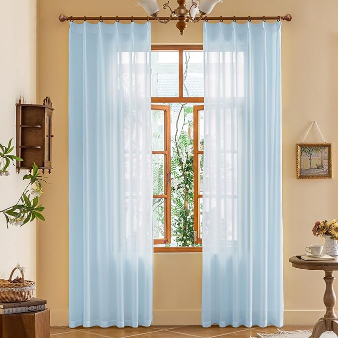 MAIHER 80 Inch Length Pinch Pleated Sheer Curtains Light Blue Light Filtering Voile for Patio Door Living Room Soft Touch Lightweight Pleated Drapes with Hooks, Sky Blue, 42" W x 80" L, 2 Panels