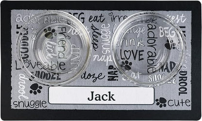 Drymate Personalized Pet Bowl Placemat, Custom Dog & Cat Food Feeding Mat - Absorbent Fabric, Waterproof Backing - Machine Washable/Durable (USA Made) (12" x 20") (Linen Black)