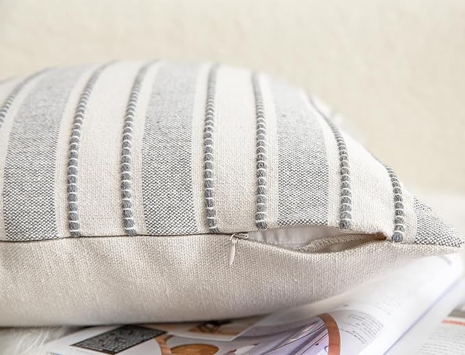 Decorative Boho Throw Pillow Covers, Farmhouse Textured Pillow Case, 22 x 22 Inch Set of 2, Chair Sofa Bedroom Living Room Home Decor Couch Cushion Case, Grey and Beige Striped