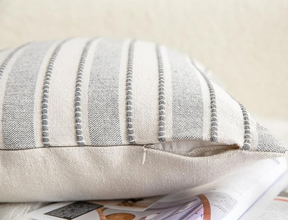 Decorative Boho Throw Pillow Covers, Farmhouse Textured Pillow Case, 22 x 22 Inch Set of 2, Chair Sofa Bedroom Living Room Home Decor Couch Cushion Case, Grey and Beige Striped