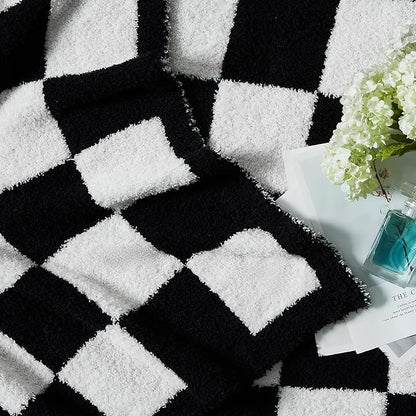 WRENSONGE Checkered Throw Blanket, Black and White Soft Cozy Fluffy Warm Hand Made Throw Blankets for Couch, Sofa, Chair, Bed, Camping, Picnic, Travel Lightweight Bed Blanket - 50"*70"