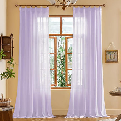 Lavender Sheer Pleated Curtains 96 Inches Long for Girls Bedroom Soft Touch Light Filtering Pinch Pleat Curtains with Adjustable Hooks for Living Room, Pastel Lilac, 42" W x 96" L, 2 Panels