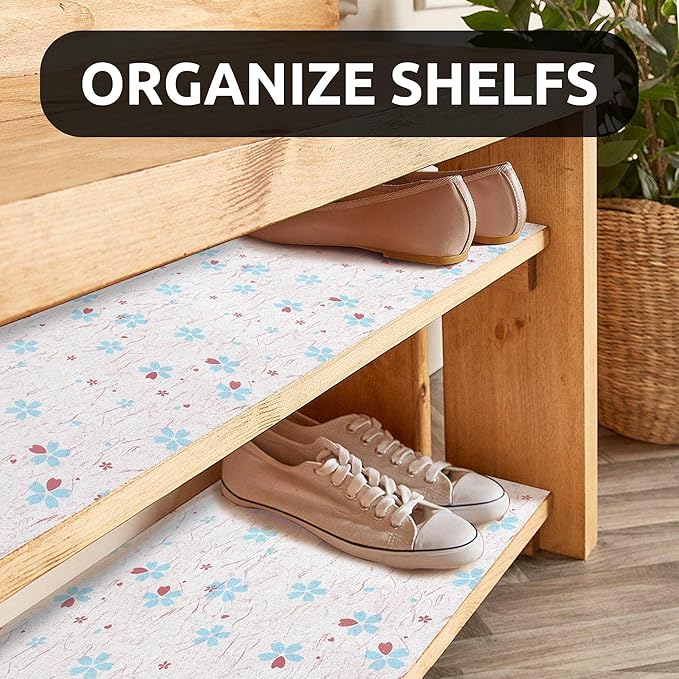 RAY STAR 18X96 Inch Shelf Liner for Kitchen Cabinets, Non-Adhesive Cabinet Liner Washable, PVC Drawer Liner for Dresser Non-Slip Bathroom (Blue-Floral)(2 Roll)
