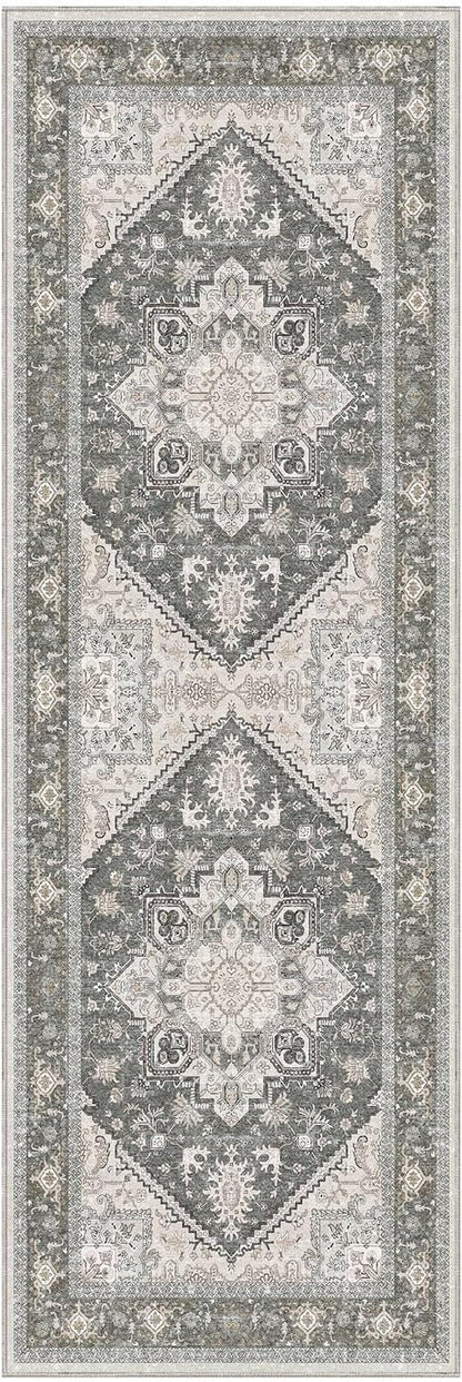 OPPODREAM Thin Entryway Rug 2x6, 2x6 Rug Runner, Washable Hallways Carpet 2 x 6 with Non Slip Backing, Low-Pile Bedside Carpet 2 x 6, Long, Faux Cashmere, Greenish Grey