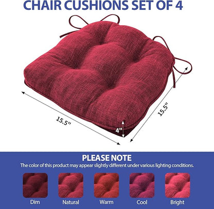 Chair Cushions for Dining Chairs Set of 4, Red Kitchen Chair Cushions, Chair Pads with Ties and Non Slip Backing, Christmas Room Decor, Tufted Memory Foam Seat Cushion 4 Pack, 15.5"x15.5"x4"
