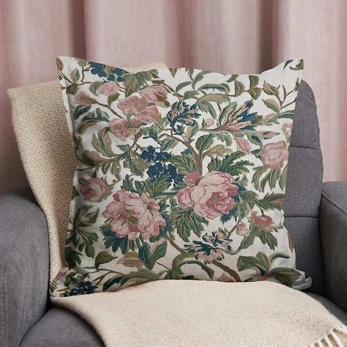 Vintage Floral Throw Pillow Covers, Vintage Flower Pattern Double Sided Cushion Cover, Indoor and Outdoor Home Art Decor Pillowcase for Sofa or Bedroom Decor 18x18inches (Green&Pink, 18x18inches)