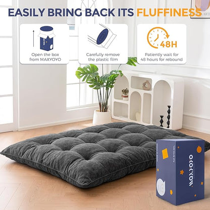MAXYOYO Japanese Floor Mattress Full Size, 6" Foldable Futon Mattress Tufted Roll Up Floor Bed, Thick Chenille Tatami Mat Sleeping Pad for Camping Guest Room Dormitory Bedroom RV, Dark Grey