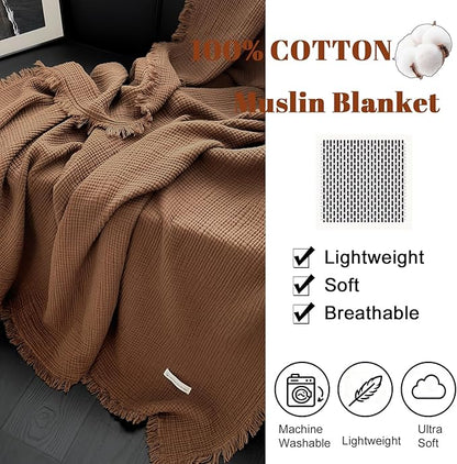 MorroMorn 100% Cotton Muslin Throw Blanket with Fringes 50"x60", 4-Layer Cotton Gauze Blankets for Adults, Boho Bedding Breathable Lightweight Ultra-Soft for Couch Bed Sofa All Seasons, Brown