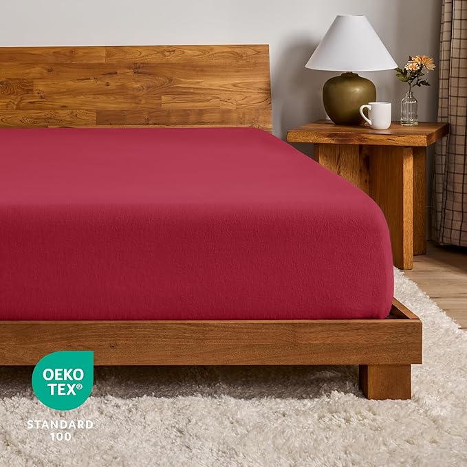 Bare Home Flannel Fitted Bottom Sheet 100% Cotton Twin Extra Long, Velvety Soft Heavyweight - Double Brushed Flannel - Deep Pocket (Twin XL, Red)