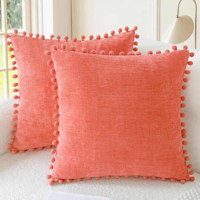 CaliTime Throw Pillow Covers Decorative 16 X 16 Inches Pack of 2 Cozy Solid Dyed Soft Chenille Cushion Cases with Pom Poms for Couch Sofa Bed Living Room Home Living Coral