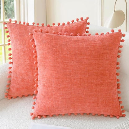 CaliTime Throw Pillow Covers Decorative 16 X 16 Inches Pack of 2 Cozy Solid Dyed Soft Chenille Cushion Cases with Pom Poms for Couch Sofa Bed Living Room Home Living Coral