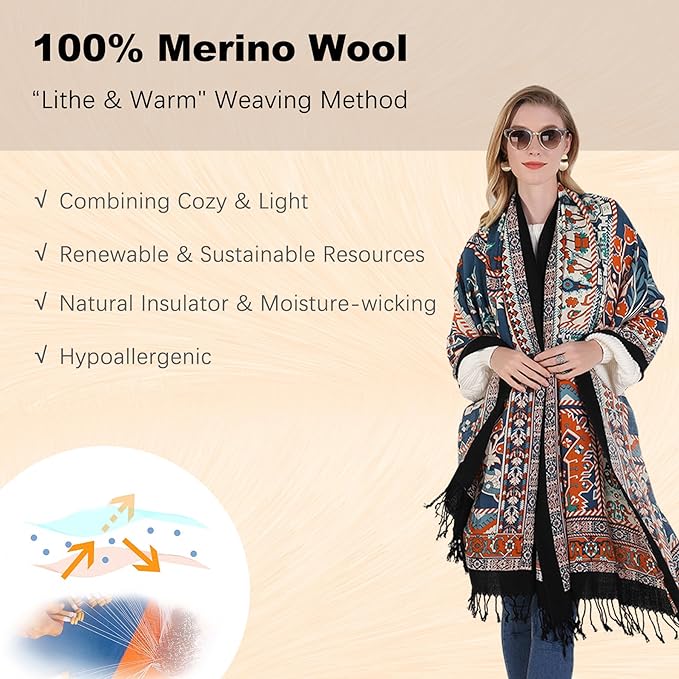 DANA XU 100% Merino Wool Pashmina Shawl for Women 96"x43", Oversized Cashmere Wrap with Tassels, Floral Travel Blanket Cape
