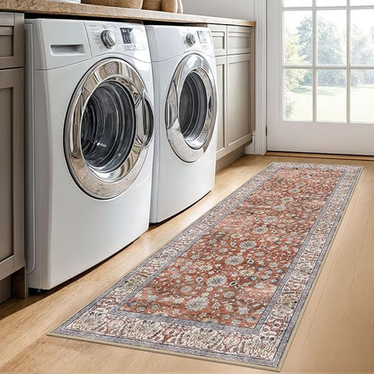 KUTA Runners for Hallways 2x6, Vintage Floral Rug Non-Slip Washable Kitchen Rugs Terracotta Ultra Thin Soft Printed Retro Distressed Flower Carpet Entryway Rugs for Bedroom Laundry Nursery