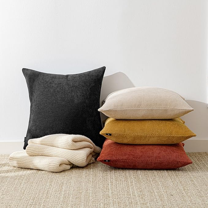 a moment Pack of 2 Decorative Chenille Throw Pillow Covers with Twill Cushion Covers for Sofa Living Room Couch Bed 20x12 Inch Black